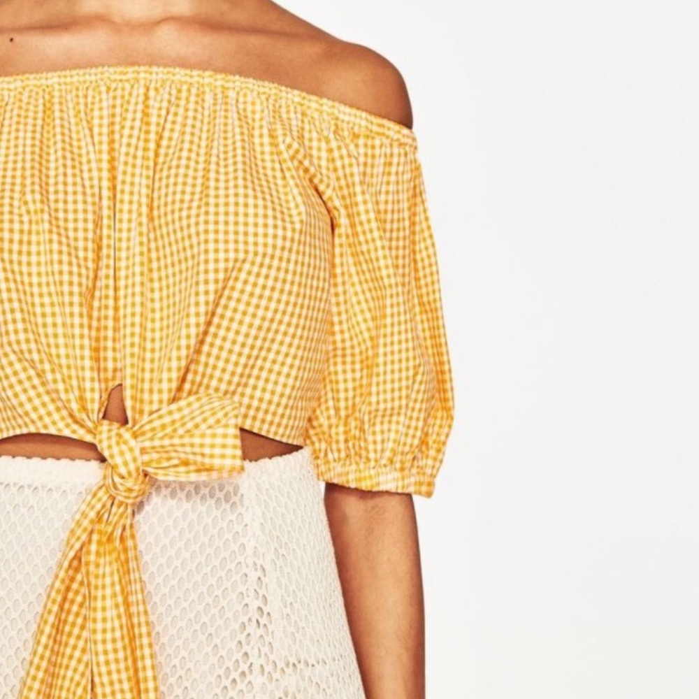 Zara off the shoulder yellow gingham tie top